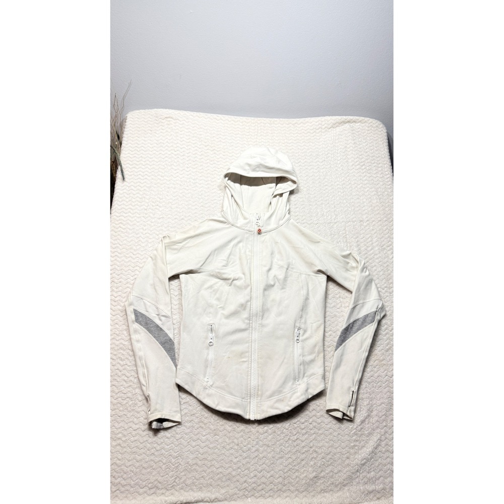 Lululemon Athletica Womens Full Zip Hooded Jacket Cream Size 10 Striped Sleeves